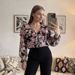 Floral Romantic Blouse Large Black Pink Ruffle Long Sleeve Office Feminine Boho
